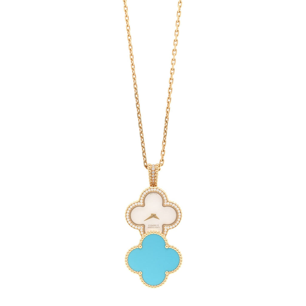 18K Yellow Gold Diamond Turquoise Mother of Pearl 28mm Alhambra Secret Pendant Quartz Watch